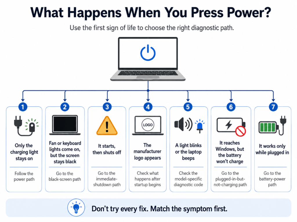 Laptop won’t turn on but charging light is on diagnostic paths
