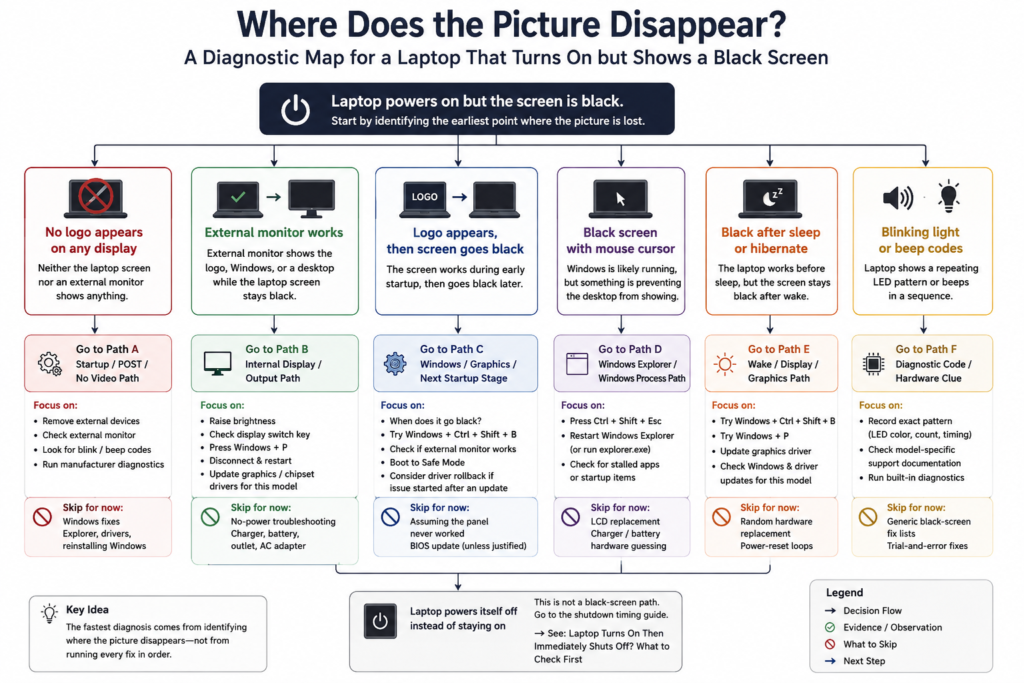 Laptop turns on but screen is black diagnostic flowchart