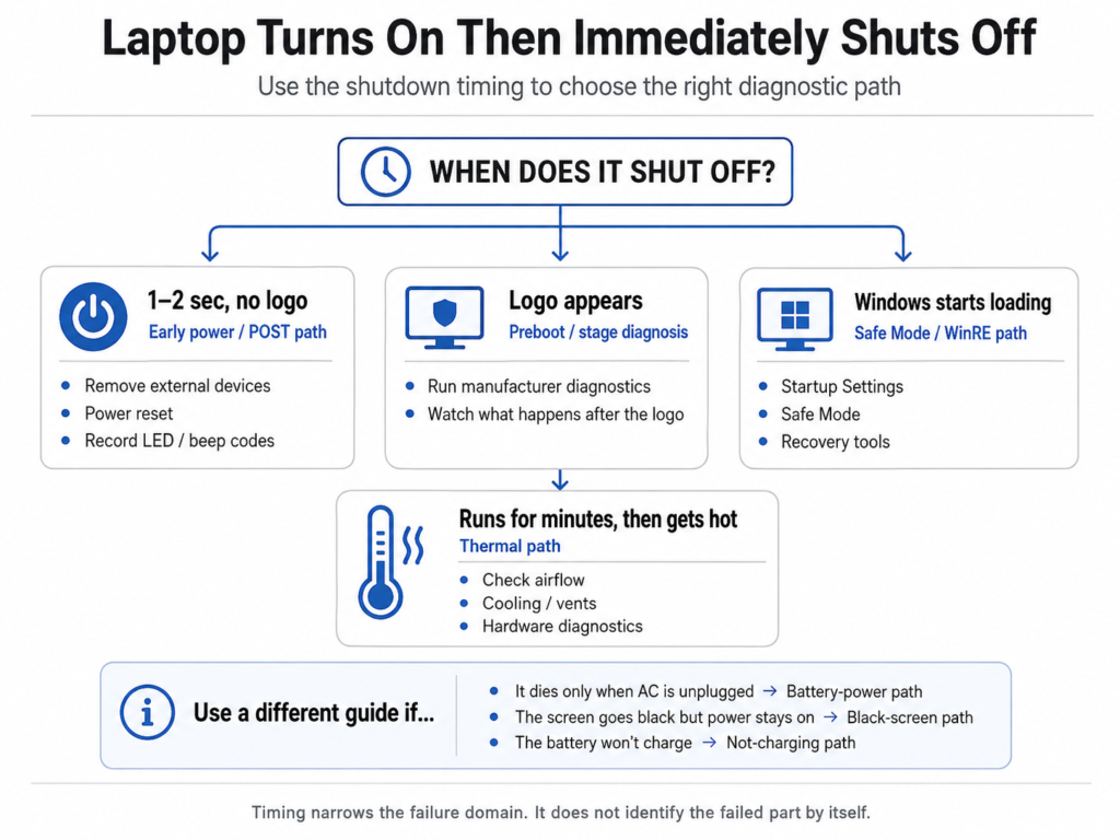 Laptop turns on then immediately shuts off diagnostic flowchart