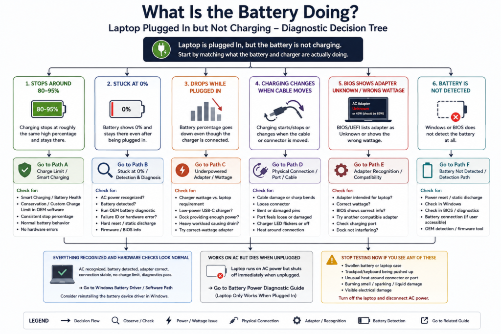 Laptop plugged in but not charging diagnostic decision tree
