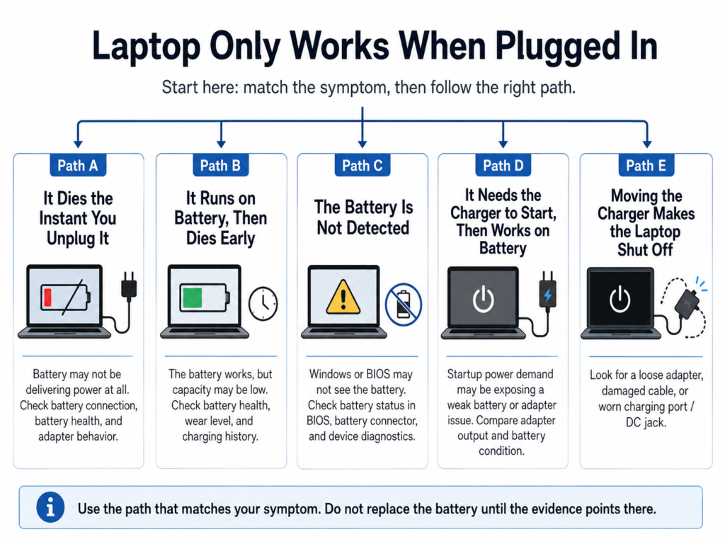 Laptop only works when plugged in diagnostic decision tree
