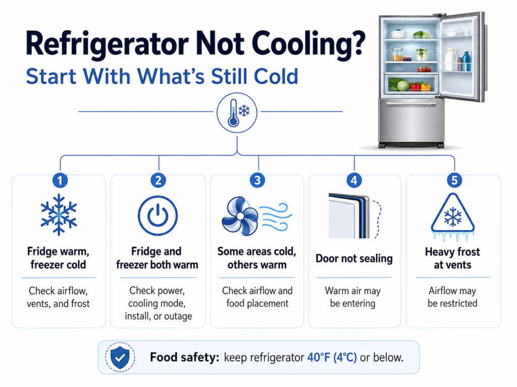 Refrigerator not cooling diagnostic flowchart based on what is still cold