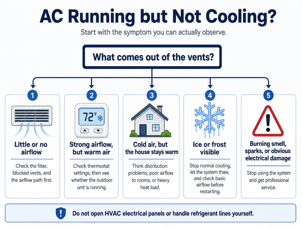 AC running but not cooling diagnostic flowchart